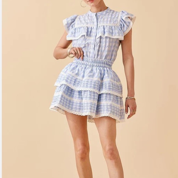 Day + Moon Dresses & Skirts - Day+Moon blue & white gingham checkered lace ruffles tiered mini skirt Size M